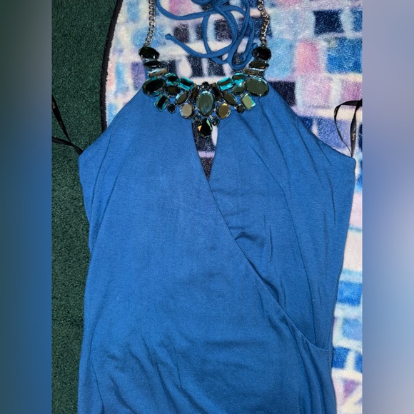 Sky Blue Mini Dress with Jeweled Neckline - New - Picture 3 of 6